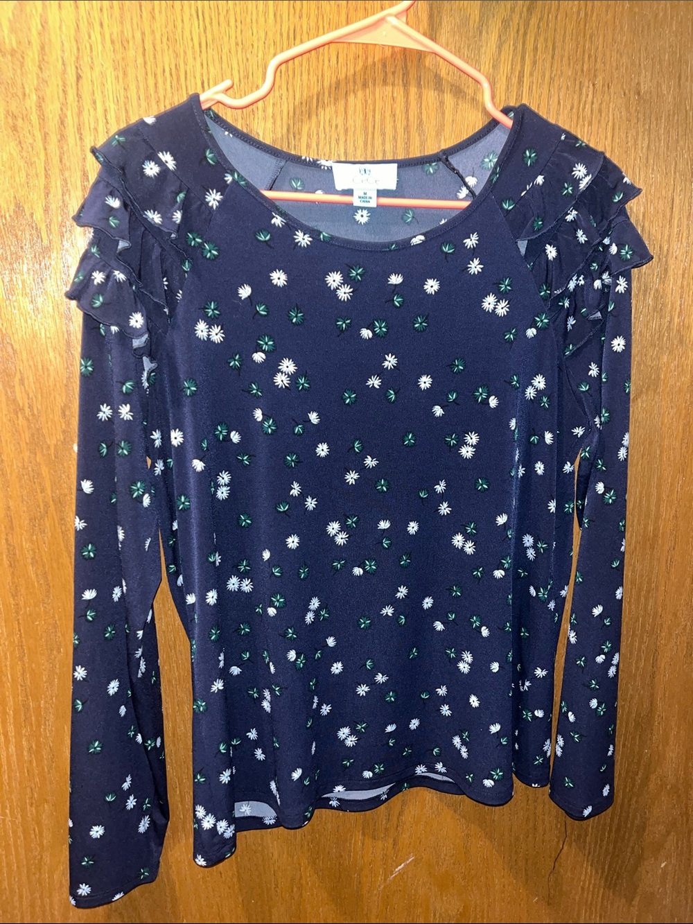 CeCe Navy Floral Ruffle-Shoulder Long Sleeve Top